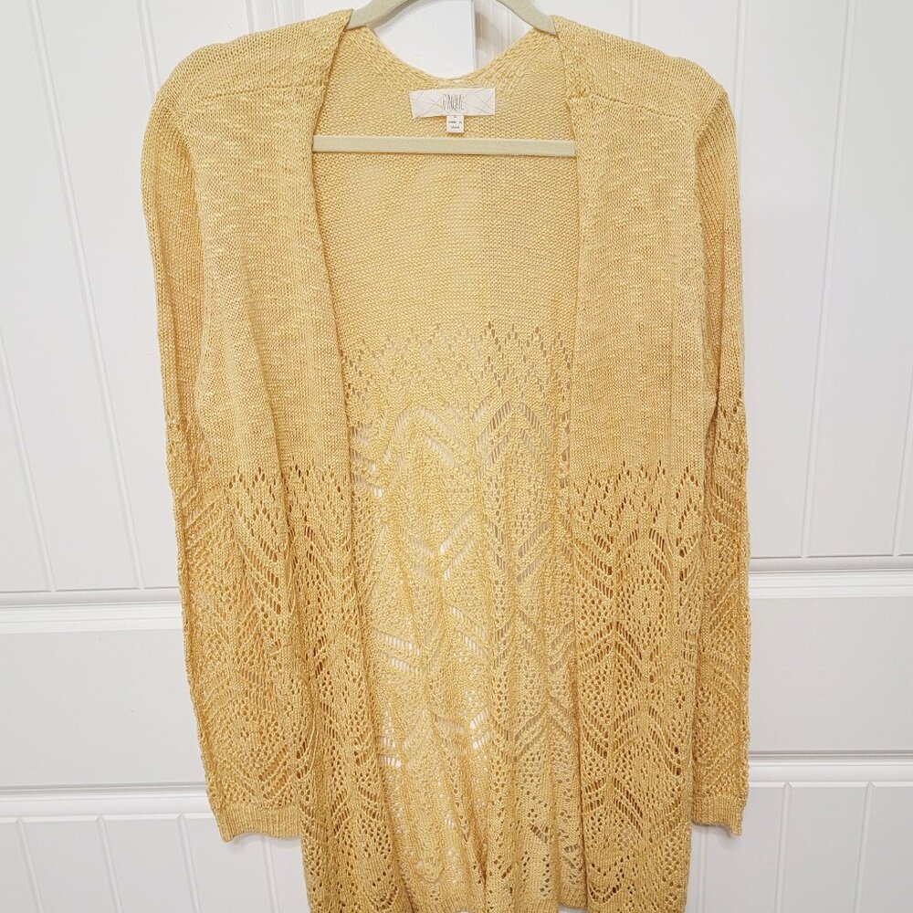 Pinque Womens Size Large Open Long Knit Cardigan Boho Yellow EUC
